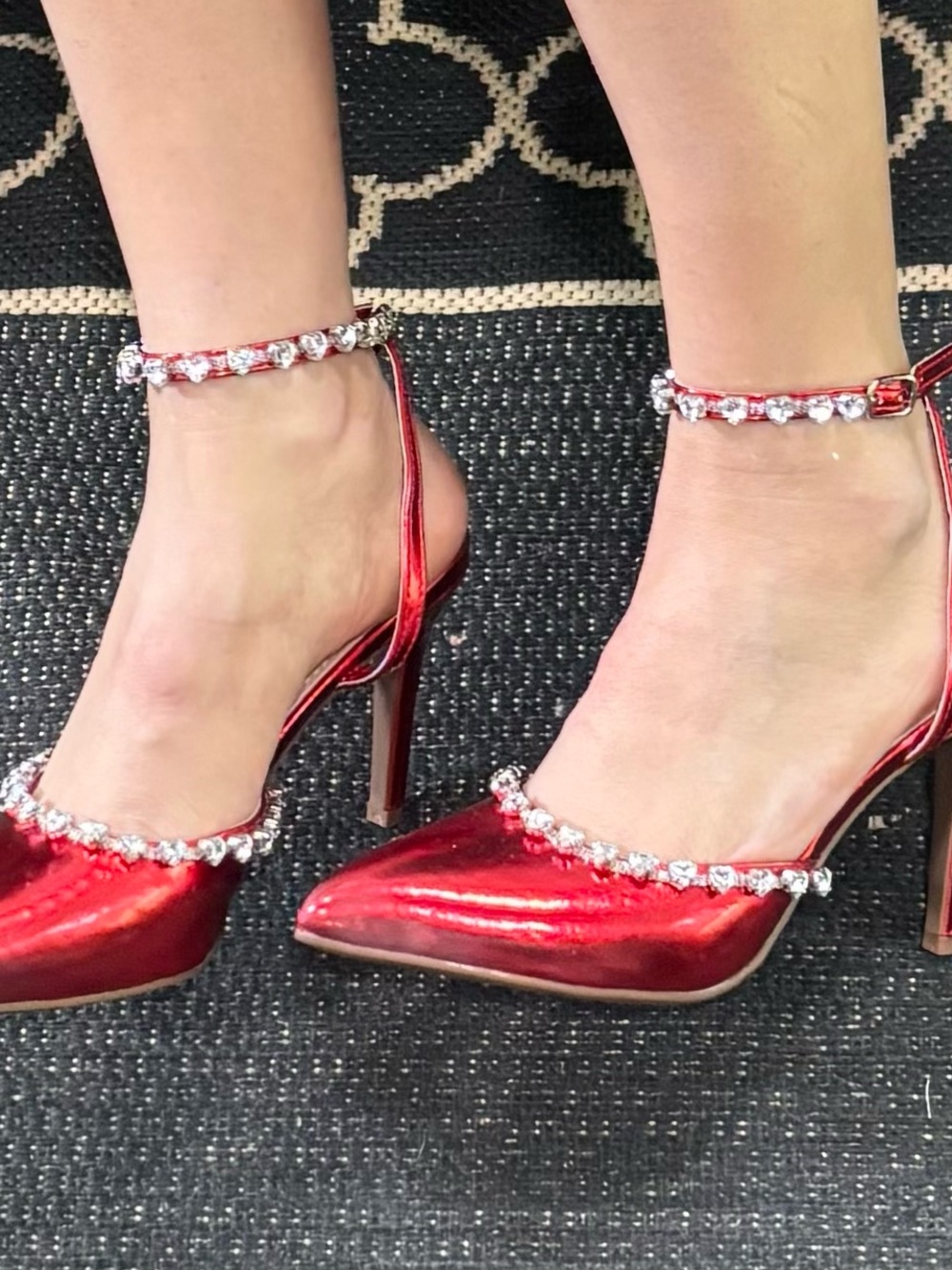 TOP Moda Red Metallic Crystal-Ankle Strap Pointed Toe Heels